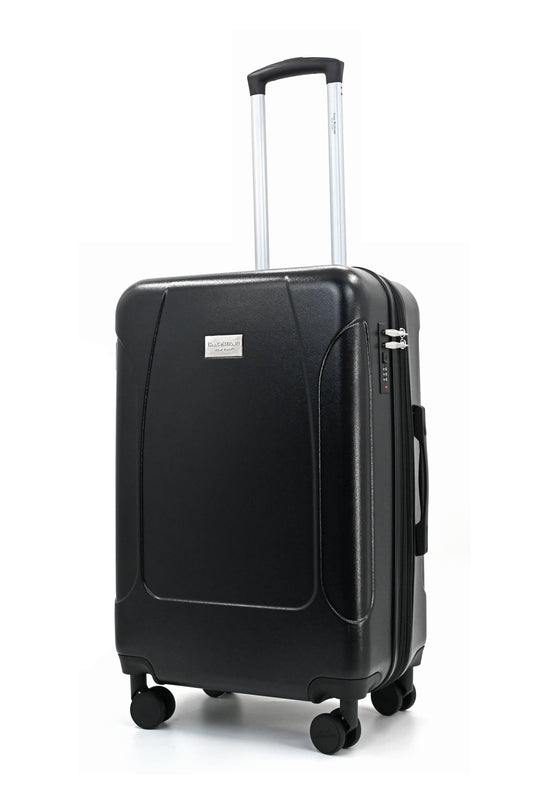 Set of three blue suitcases with wheels on a white background