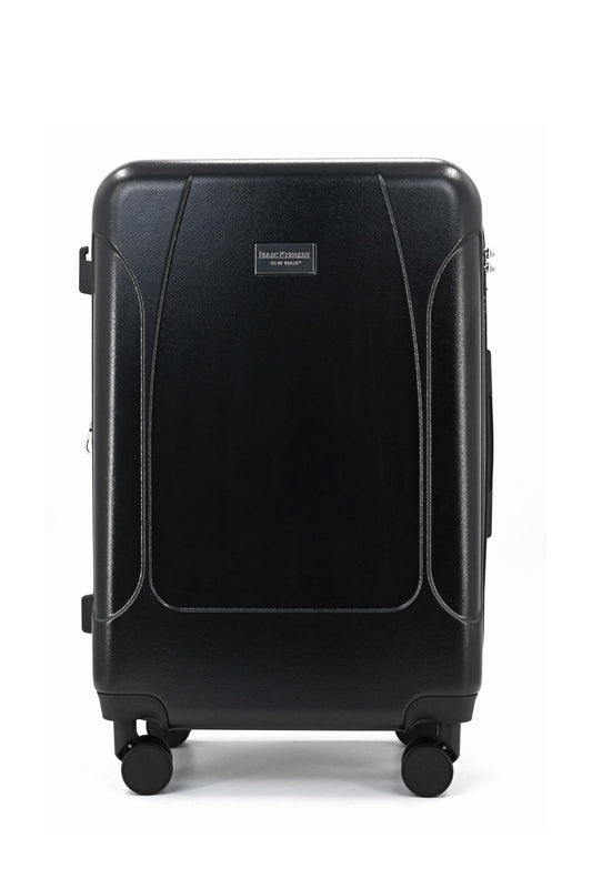 Set of three blue suitcases with wheels on a white background