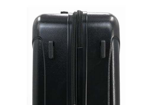 Set of three blue suitcases with wheels on a white background