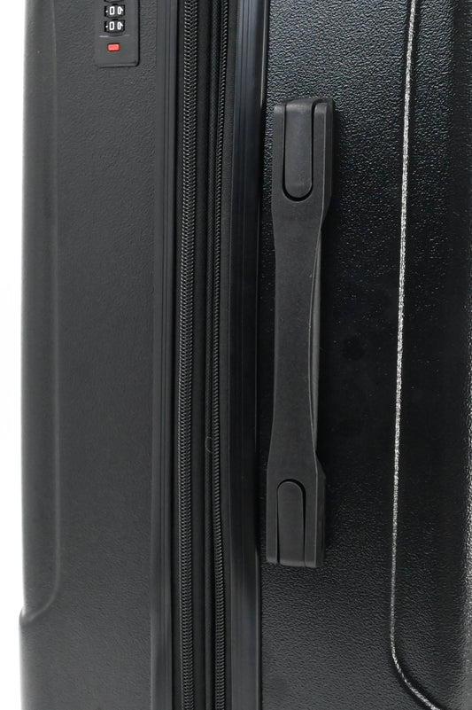 Set of three blue suitcases with wheels on a white background