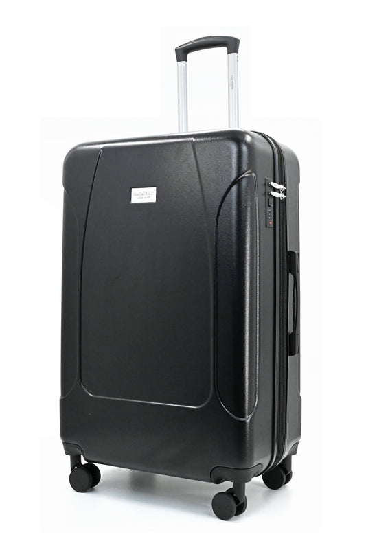 Set of three blue suitcases with wheels on a white background
