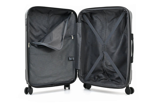 Set of three blue suitcases with wheels on a white background