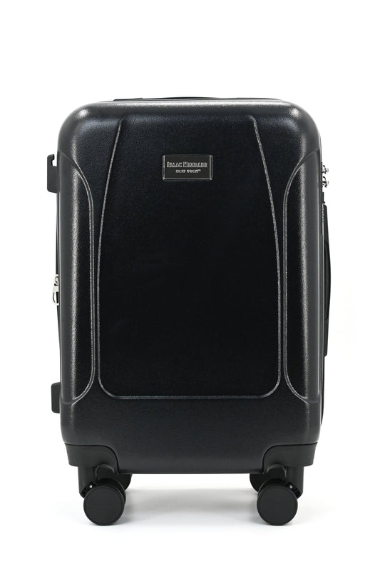 Set of three blue suitcases with wheels on a white background