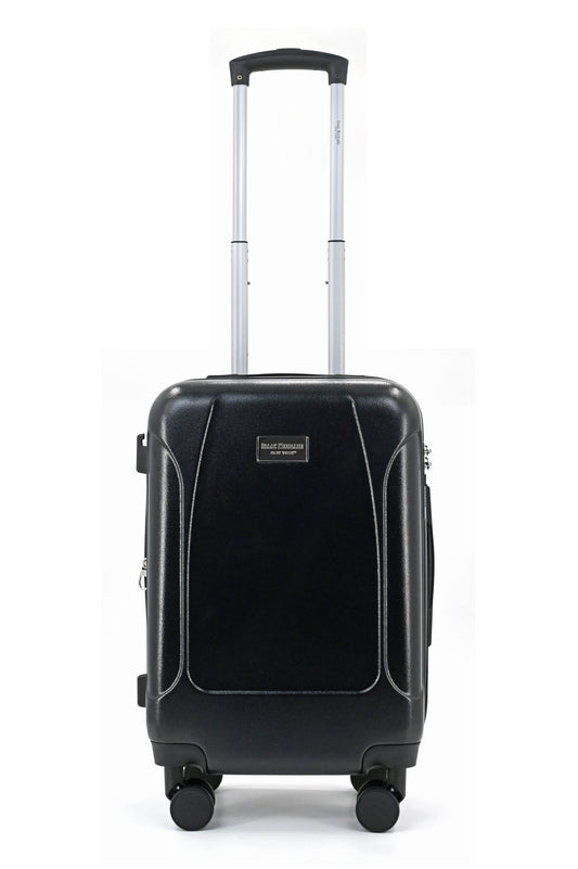 Set of three blue suitcases with wheels on a white background