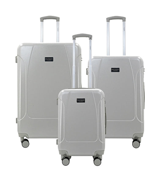 Set of three gray suitcases with wheels on a white background