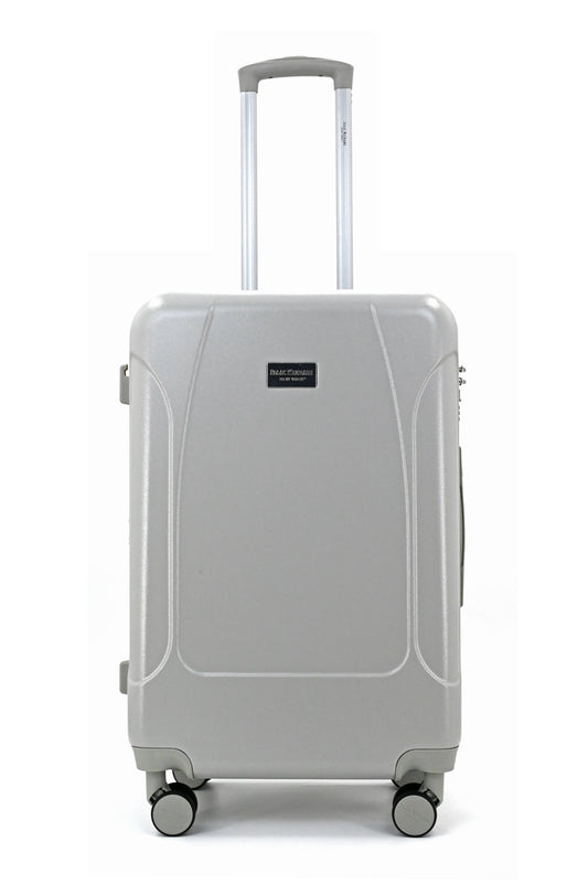 Set of three blue suitcases with wheels on a white background