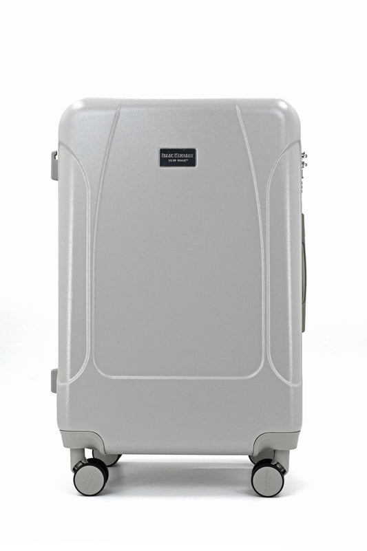 Set of three blue suitcases with wheels on a white background