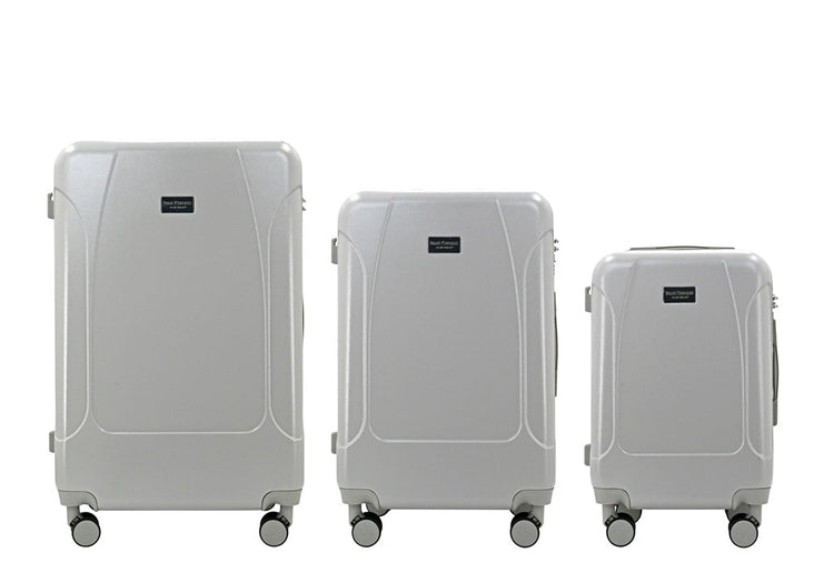 Three gray suitcases of different sizes on a white background