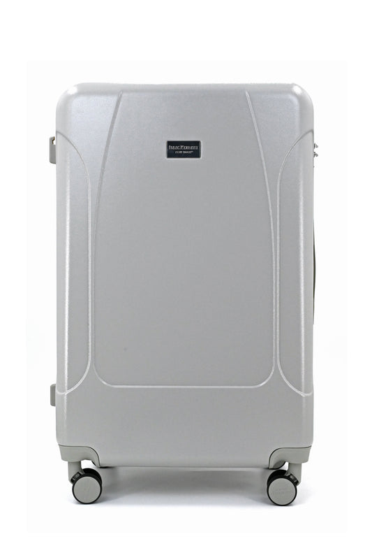 Set of three blue suitcases with wheels on a white background