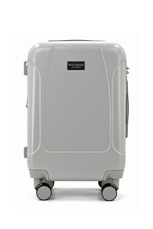 Set of three blue suitcases with wheels on a white background