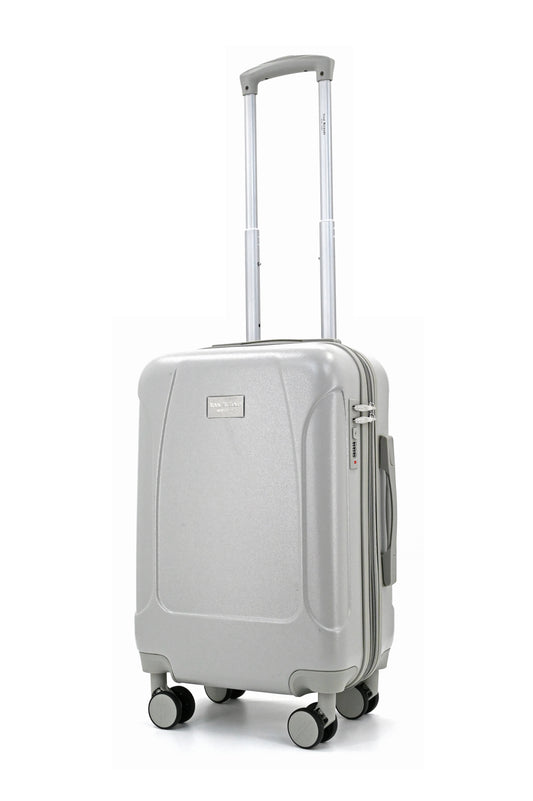 Set of three blue suitcases with wheels on a white background