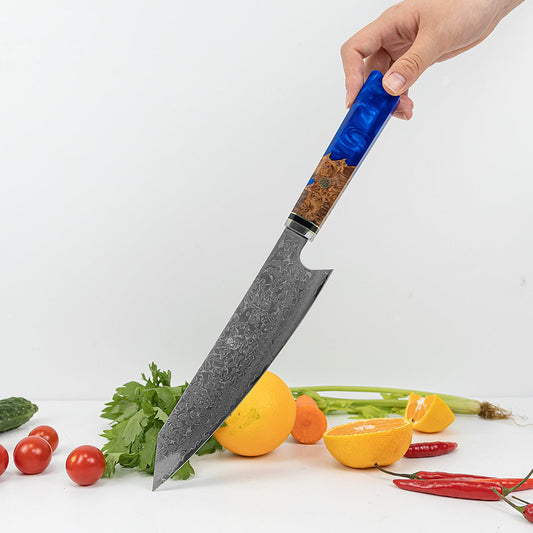 Kiritsuke Damascus Japanese Chef Knife - Sappphire Blue