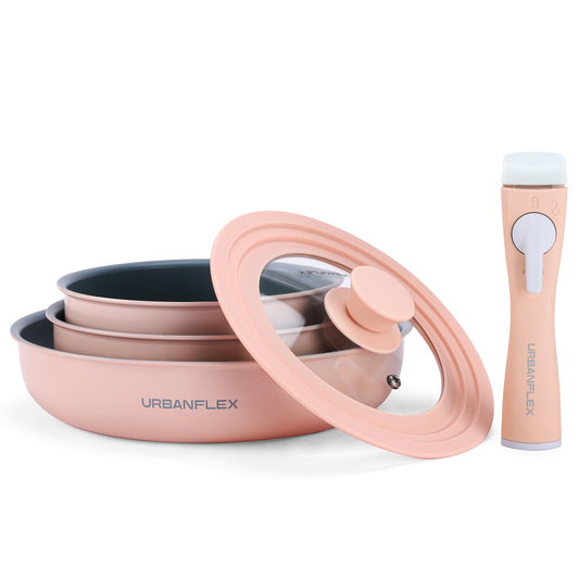 Pink and gray kitchen tool with 'BUILT TO LAST' text and durability icons on a light background