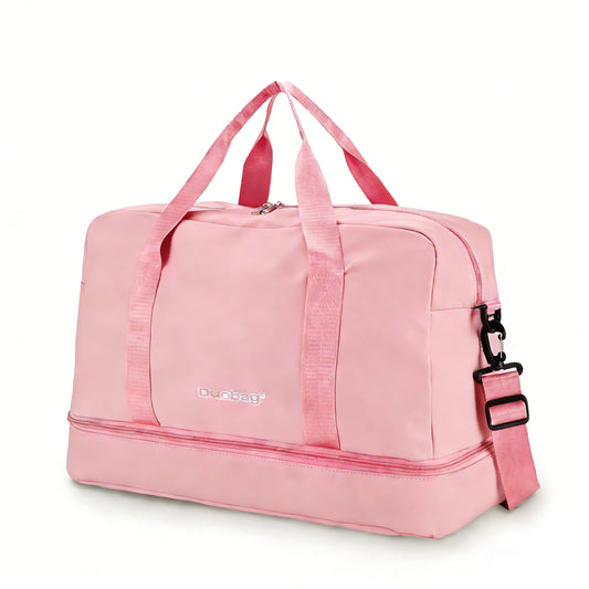 Pink duffel bag with a visible brand logo on a white background