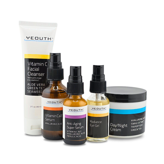 YEOUTH Vitamin C Cleanser, Super Serum 1 oz, Radiance Eye Gel, Vitamin C & E Serum 2 oz, Day Night Cream 4 oz