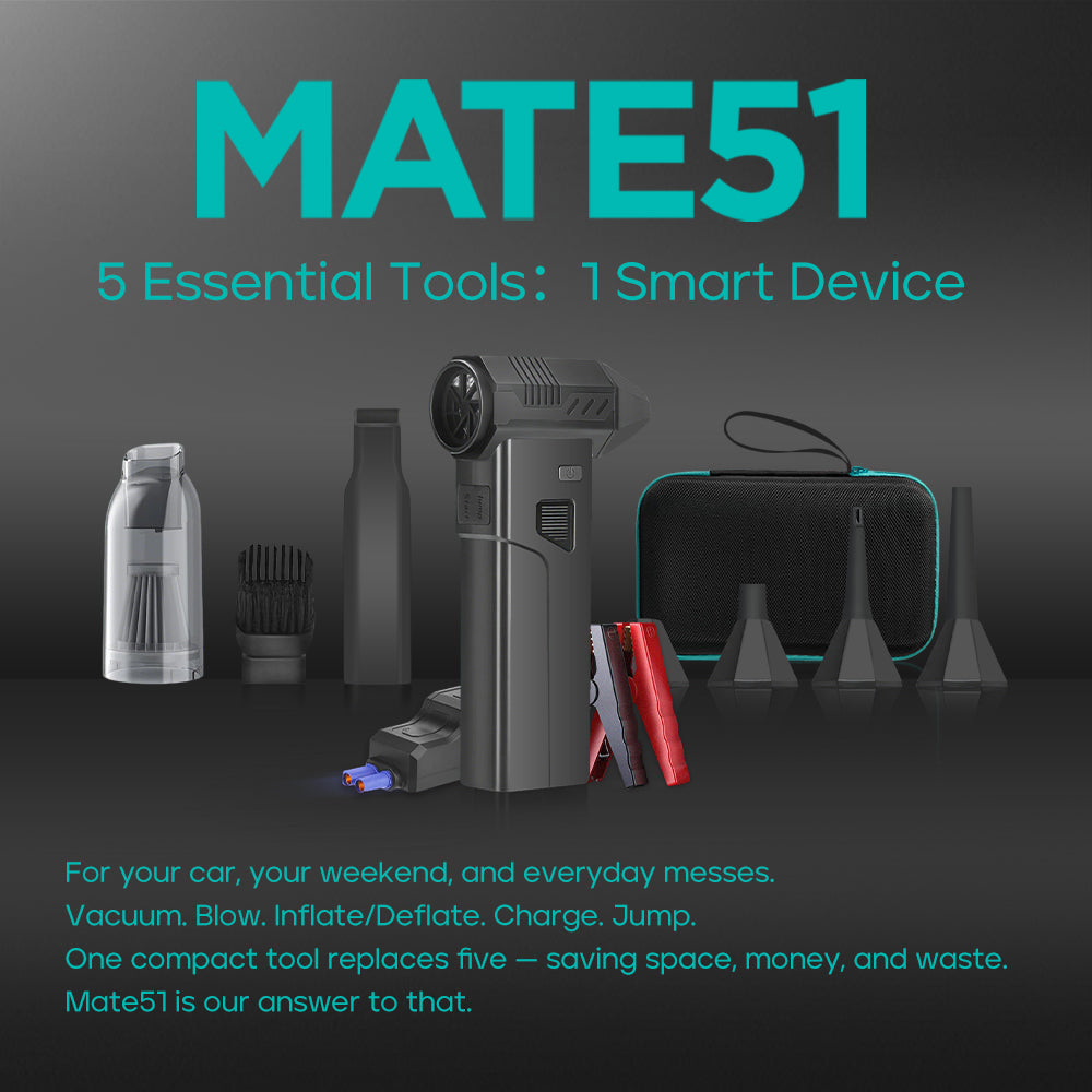 Smart device with various attachments on a dark background, featuring the brand 'MATE51'.