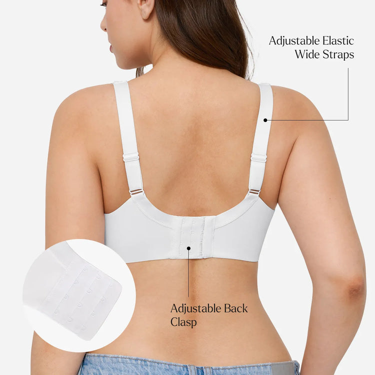 A woman shown from the back wearing a white bra with adjustable elastic wide straps and an inset circle showing the back clasp closure. Text labels point to the adjustable straps and back clasp.