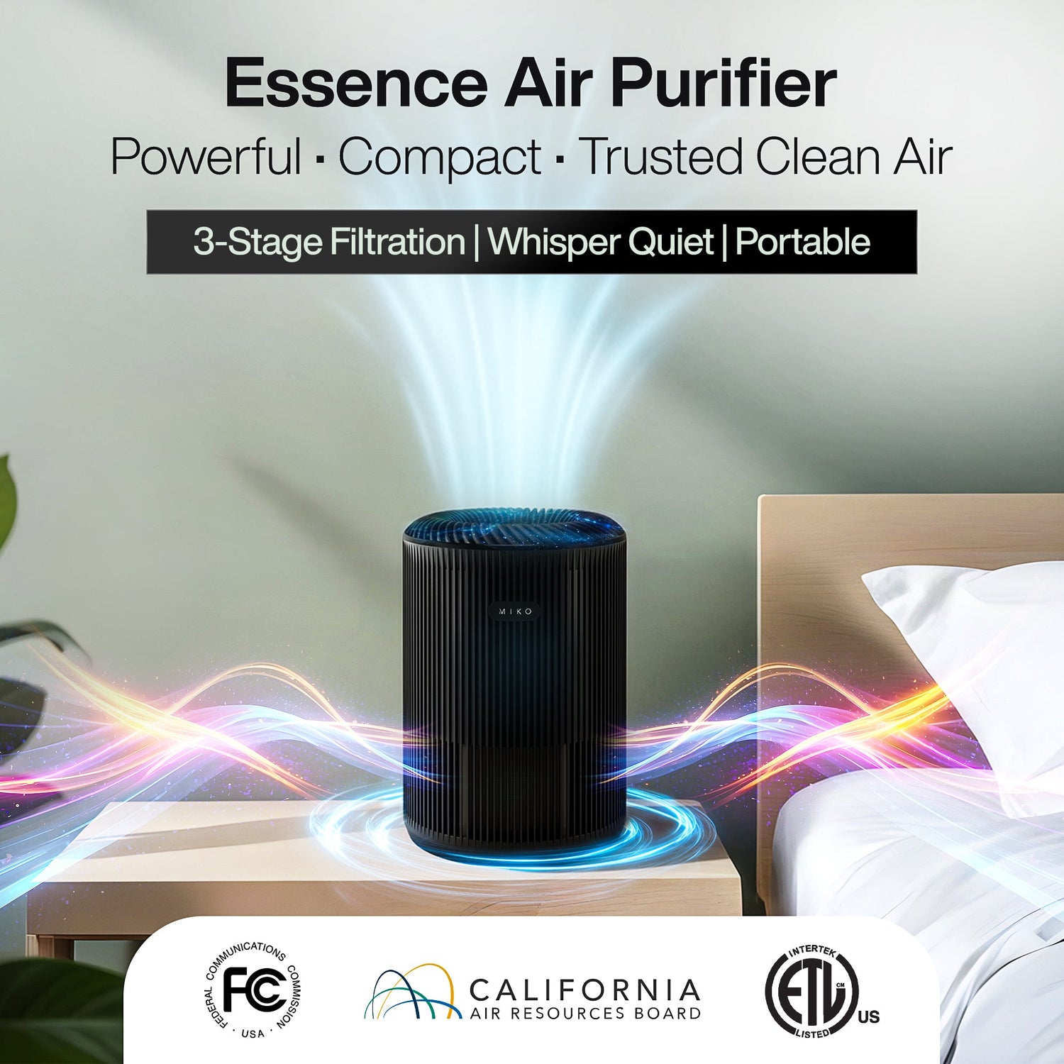 Advertisement for Essence Air Purifier with features listed on a bedroom background