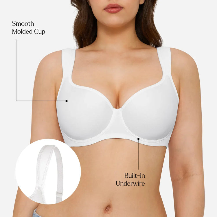 A woman wearing a white seamless underwire bra, with callout text pointing to the smooth molded cup and built-in underwire, plus a circular inset showing the white strap detail.