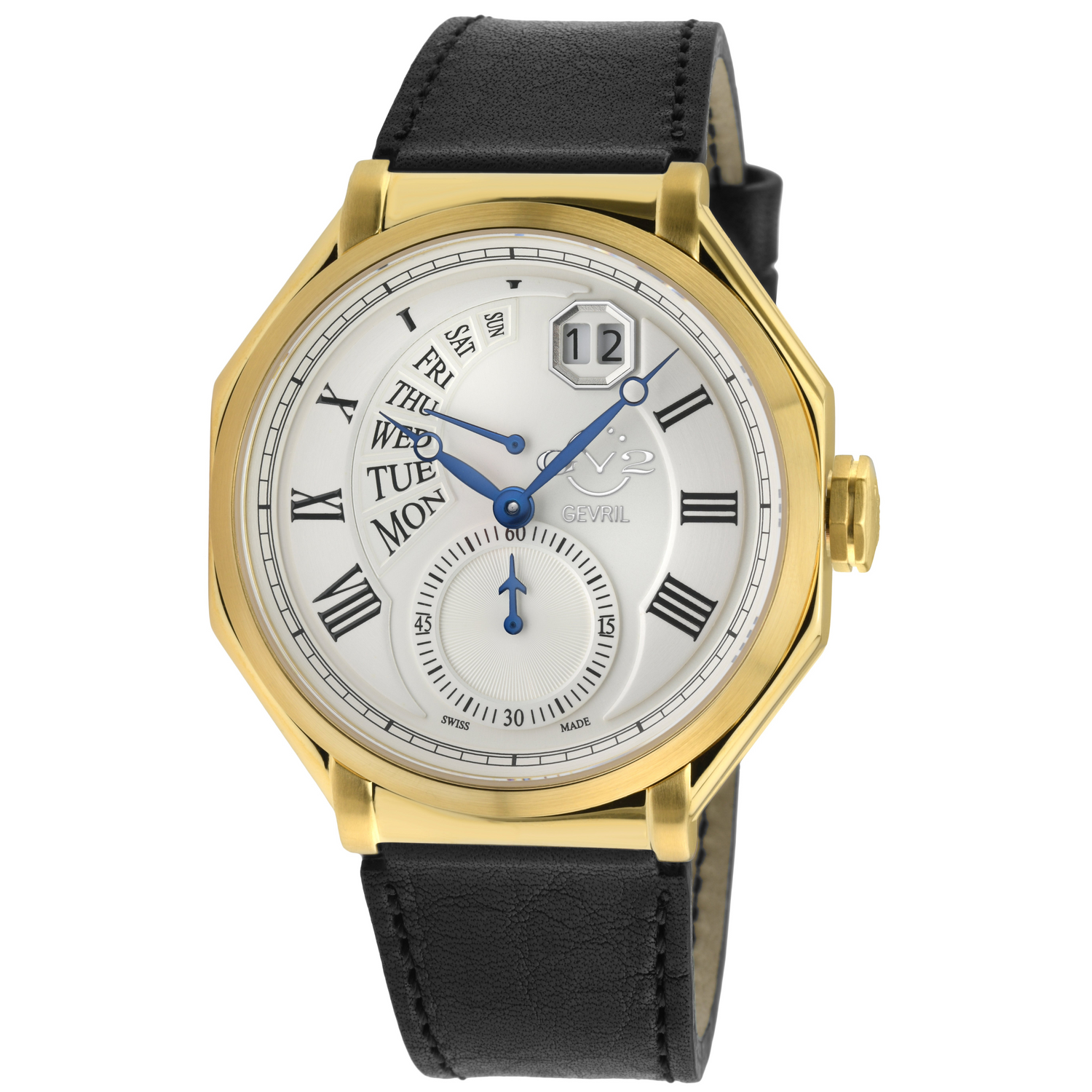 A GV2 Men's Marchese Swiss Quartz Watch with an octagon case, a blue dial, and a brown leather strap.
