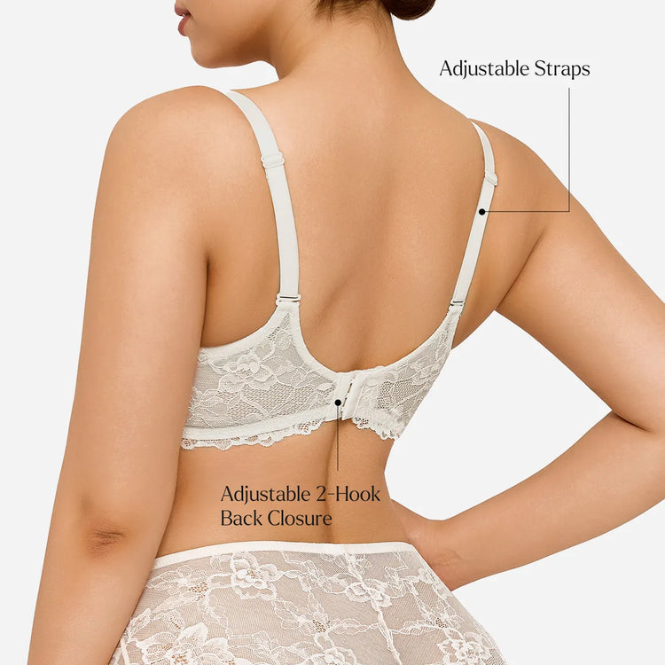 Back view of a woman wearing a white lace bra with adjustable straps and adjustable 2-hook back closure, shown against a light gray studio background with callout text.