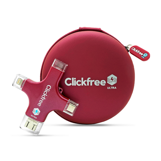 A red ClickFree Ultra 128GB universal AI photo and video backup device with multiple connector ports, including USB and Lightning, displayed against a white background.