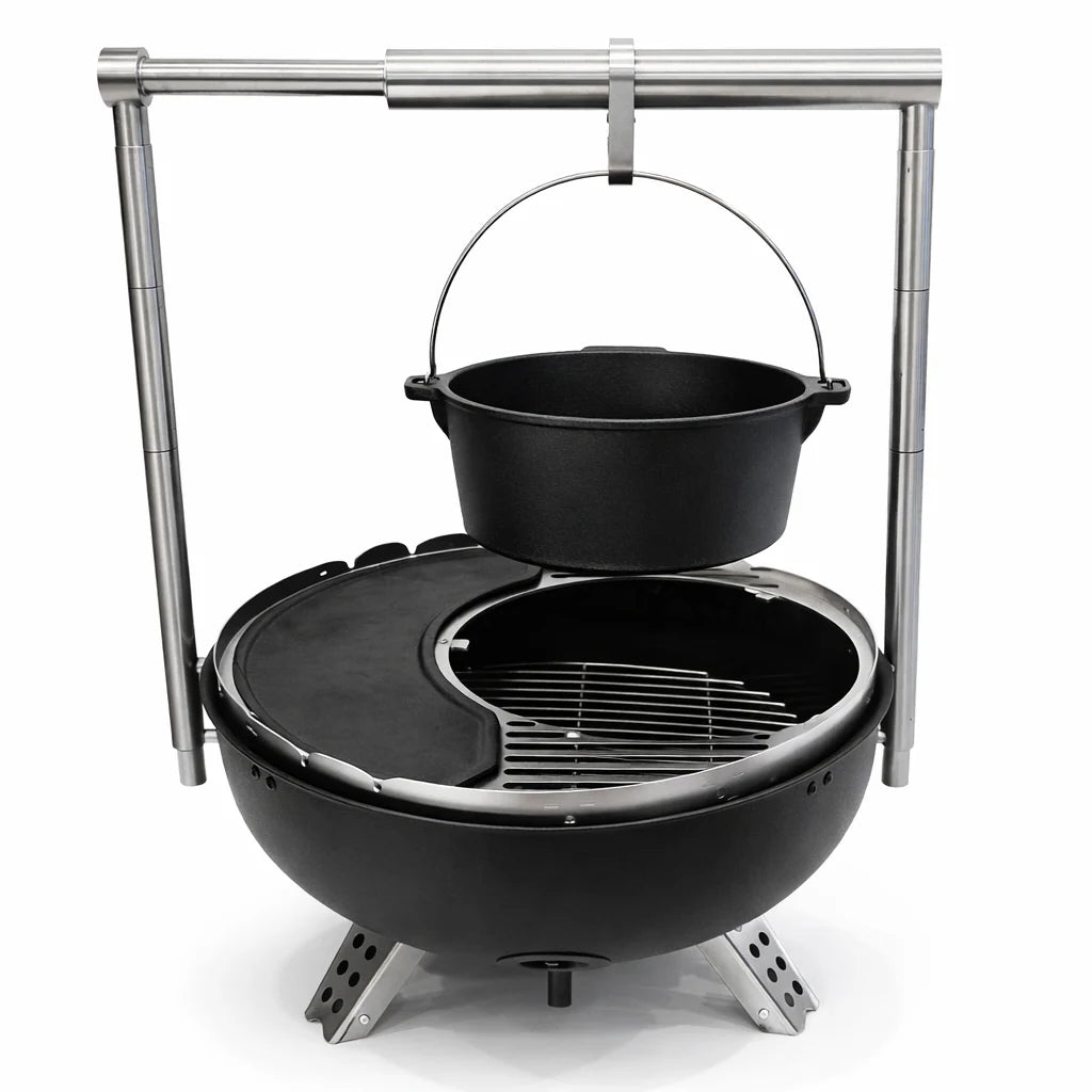 Black barbecue grill with a metal stand on a white background