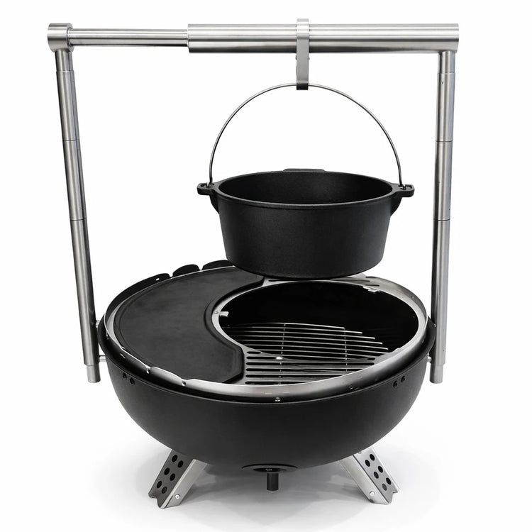 Black barbecue grill with a metal stand on a white background