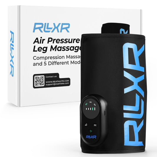 Black air pressure leg massage device with blue branding next to its packaging on a white background
