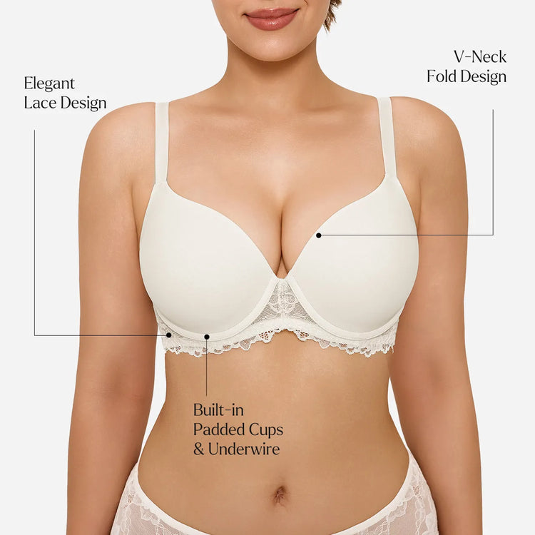 A woman wearing a white underwire bra with lace trim, shown from the nose to the hips on a light gray background. Black callout lines and text highlight features: 'Elegant Lace Design,' 'V-Neck Fold Design,' and 'Built-in Padded Cups & Underwire.