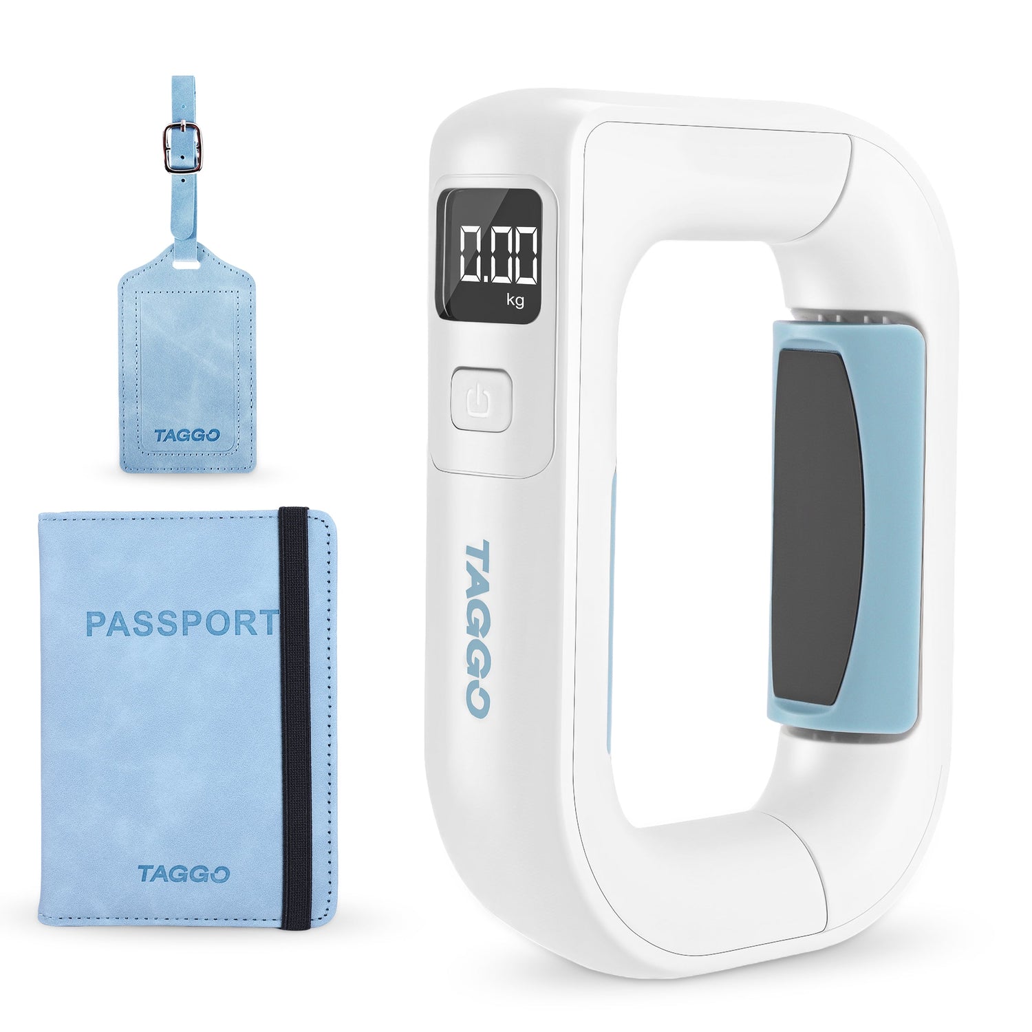White luggage scale with blue accents and matching luggage tag and passport cover on a white background