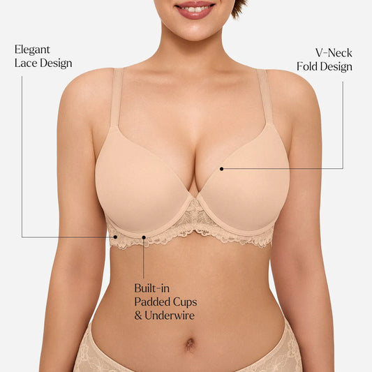 A woman modeling a light beige underwire bra with scalloped lace trim, shown against a plain light background.