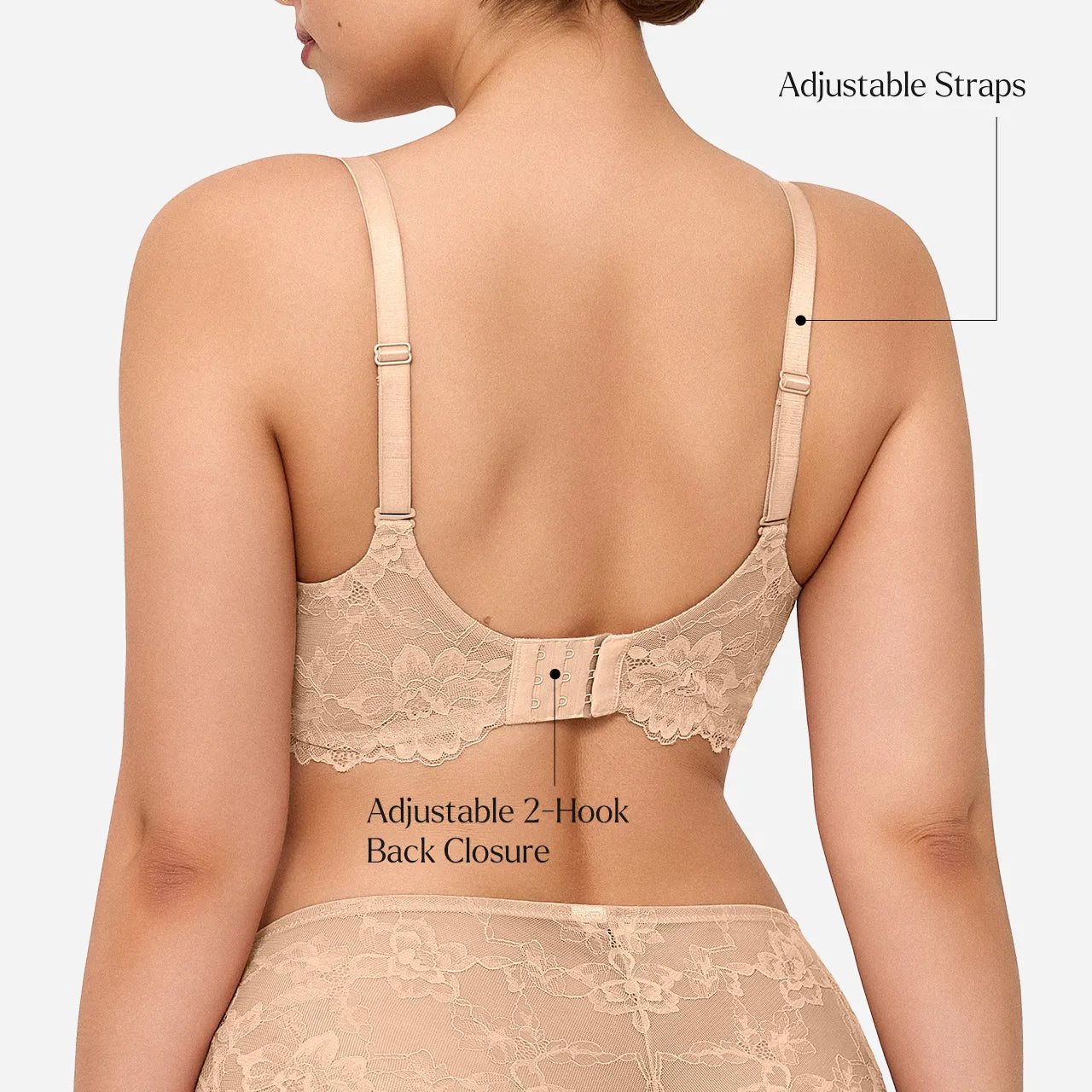 Rear view of a woman wearing a beige lace bralette with adjustable straps and a hook-and-eye back closure, with text callouts pointing to the straps and back closure.
