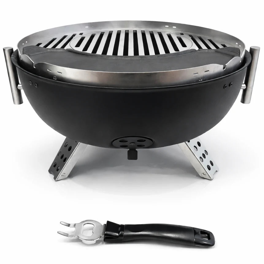 Portable grill with a fork and knife on a white background