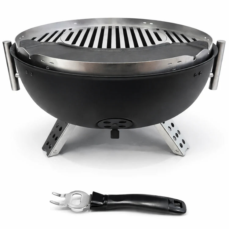 Portable grill with a fork and knife on a white background