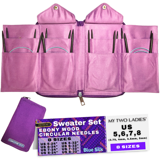 Pink knitting needle case with accessories and needle set packaging on a white background
