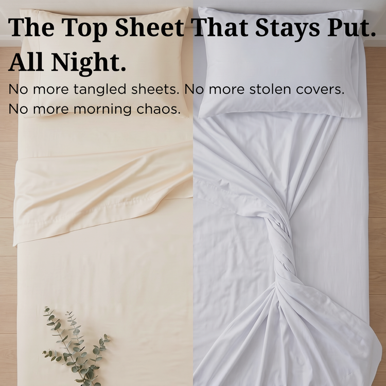 Top sheet that stays put all night with text on a bed setup.