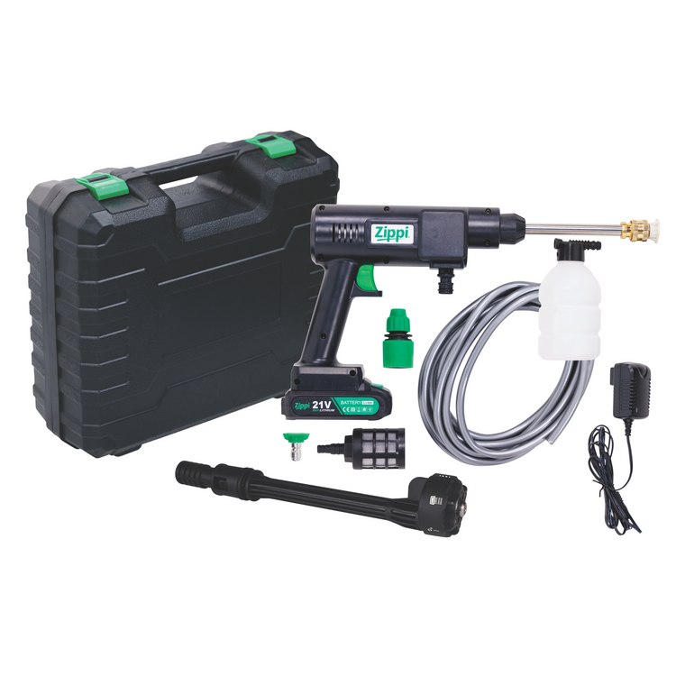 A Zippi Hydro Cleaner Deluxe with a black color scheme, including a gun handle, hose, nozzles, a carrying case, and other accessories.
