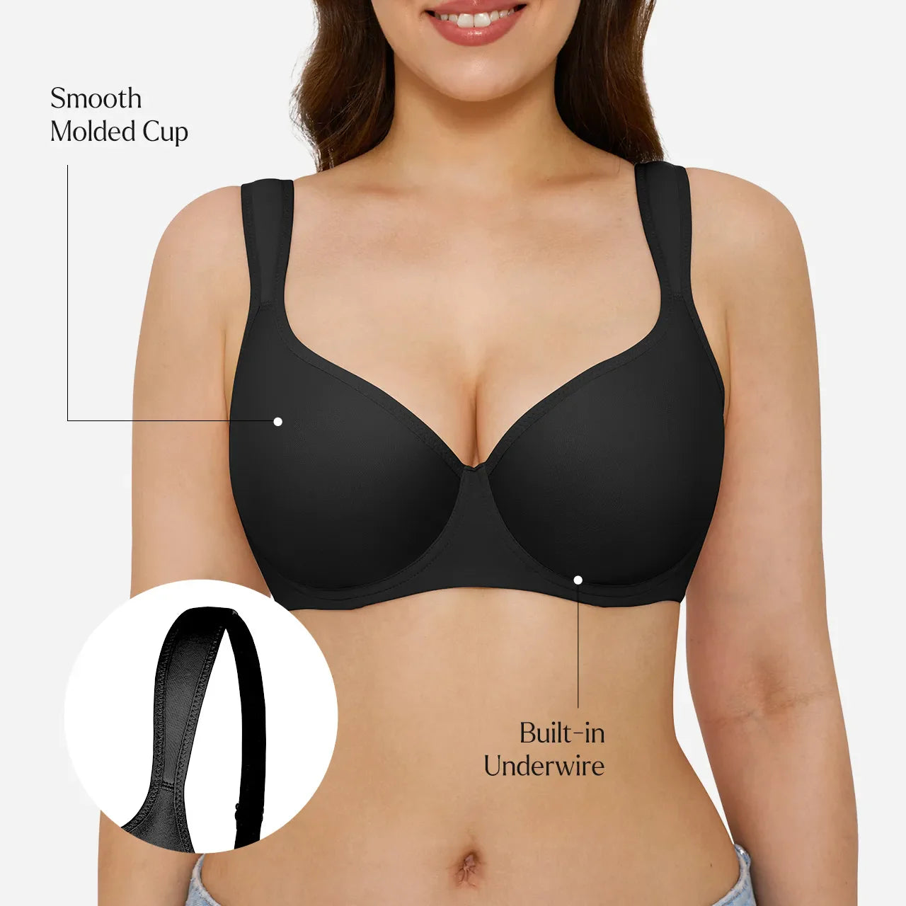 A woman wearing a black seamless underwire bra with text callouts highlighting the smooth molded cup and built-in underwire, plus a circular inset showing the bra strap detail.