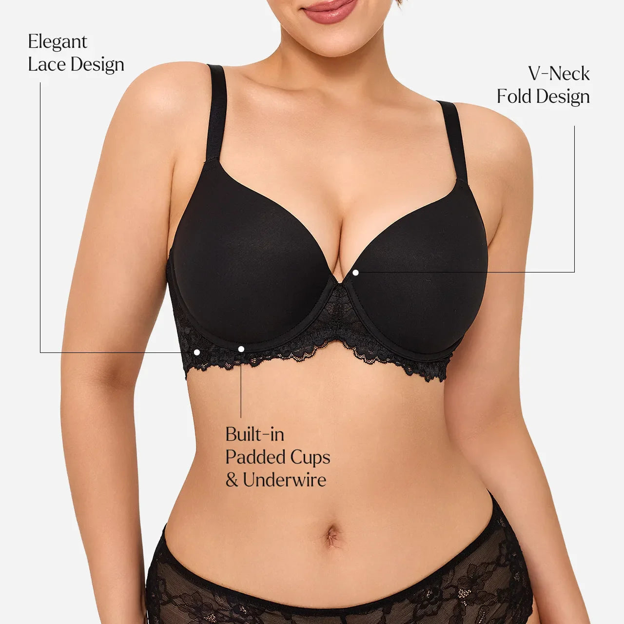 A woman wearing a black bra with lace trim and padded cups, shown from the shoulders to the hips on a light gray background. Text callouts highlight features such as elegant lace design, V-neck fold design, and built-in padded cups and underwire.