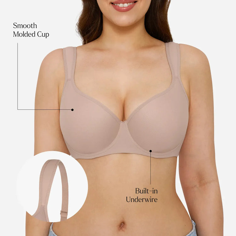 A woman wearing a light beige seamless underwire bra, with text callouts pointing to a 'Smooth Molded Cup' and 'Built-in Underwire,' plus a circular inset showing the cup detail.