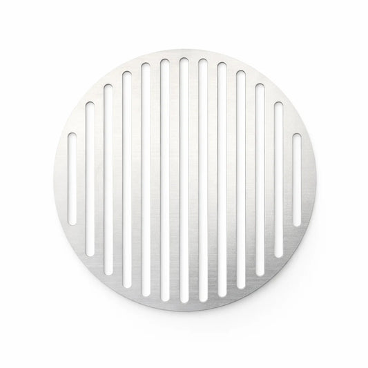 Round metal drain cover with vertical slits on a white background