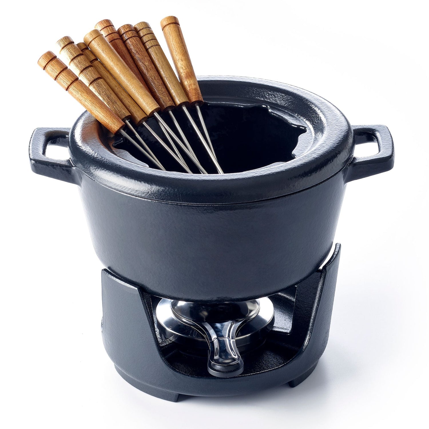 Black fondue pot with wooden skewers on a white background