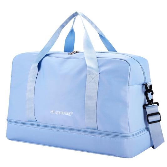Light blue duffel bag with a visible brand logo on a white background