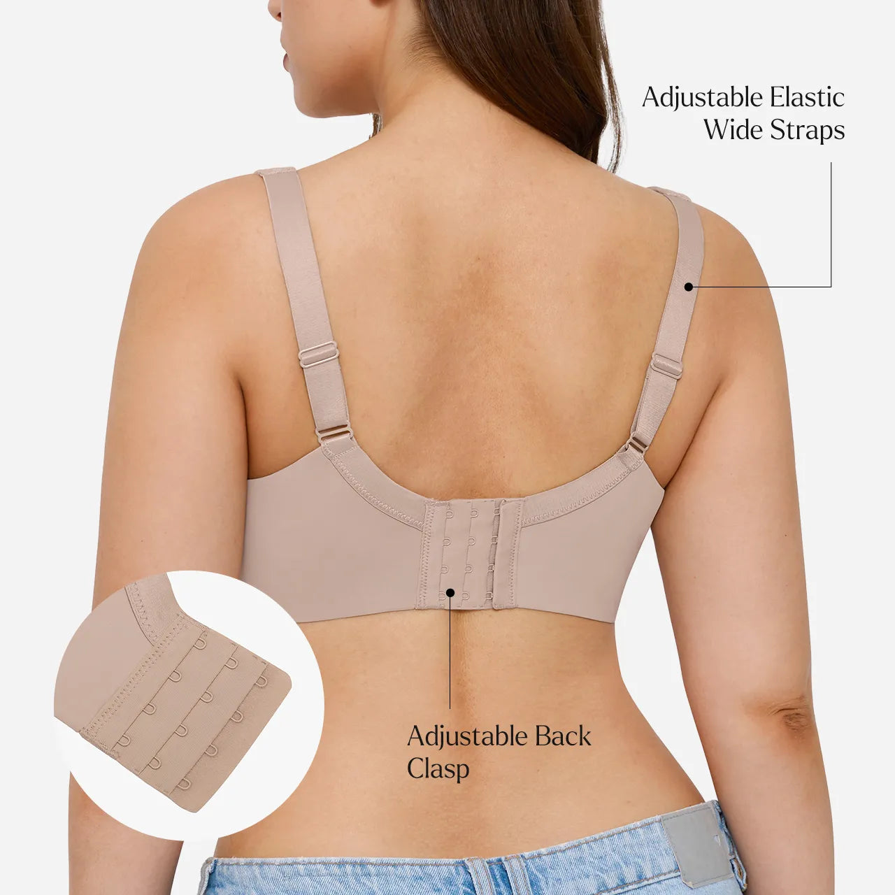 Rear view of a woman wearing a beige wireless bra with adjustable elastic wide straps and an adjustable back clasp, shown on a light gray background with callout labels and a circular inset detail of the clasp.