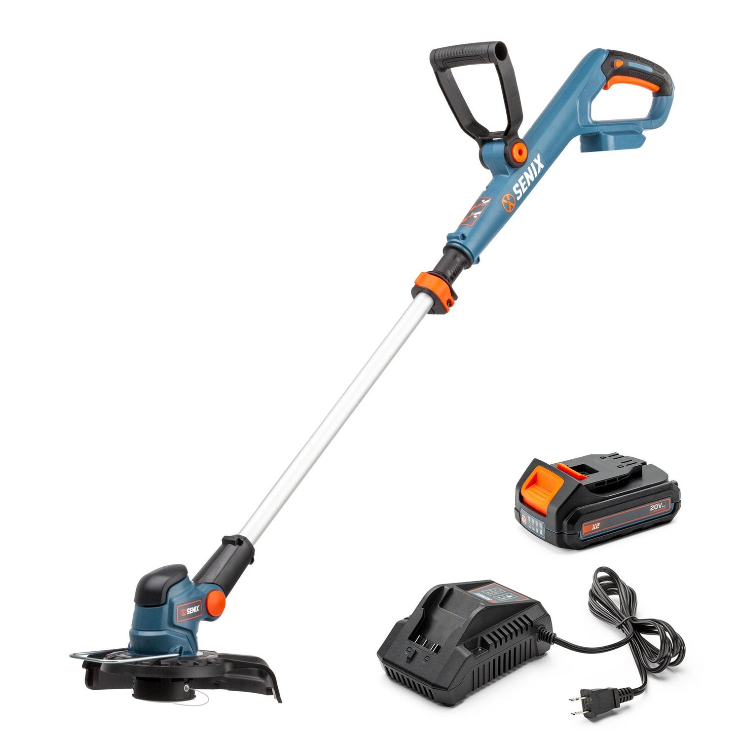 Senco string trimmer with battery and charger on a white background