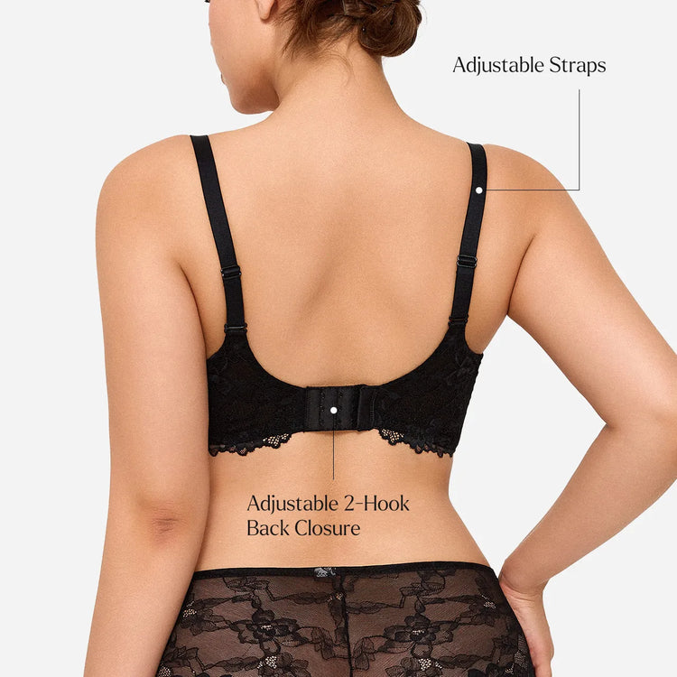 Back view of a woman wearing a black lace bra with adjustable straps and an adjustable 2-hook back closure, shown on a light gray background with text callouts.