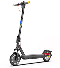 Black electric scooter with colorful accents on a white background