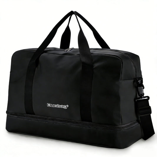 Black duffel bag with a visible brand logo on a white background