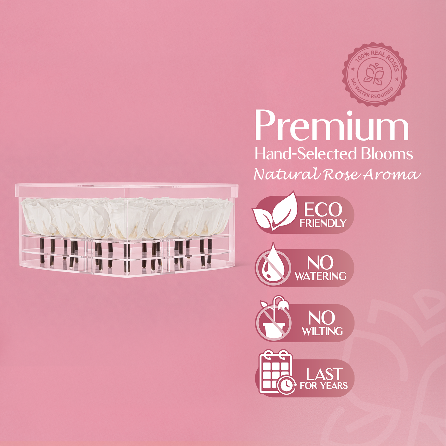 Product packaging with white flowers on a pink background, featuring text and icons about eco-friendliness.